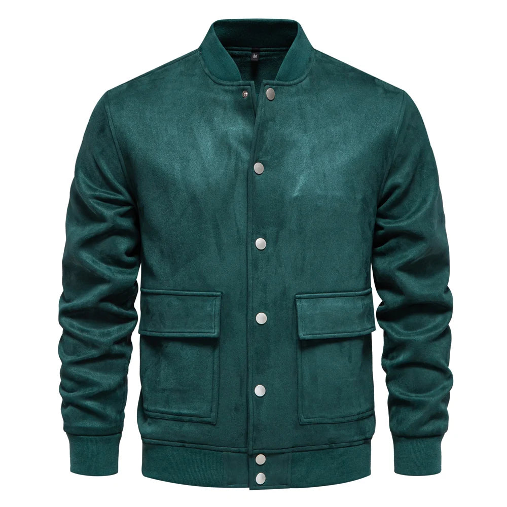 Men's Suede Button Up Bomber Jackets Crew Neck Button-Up Baseball Casual Business Outwear Jacket For Men