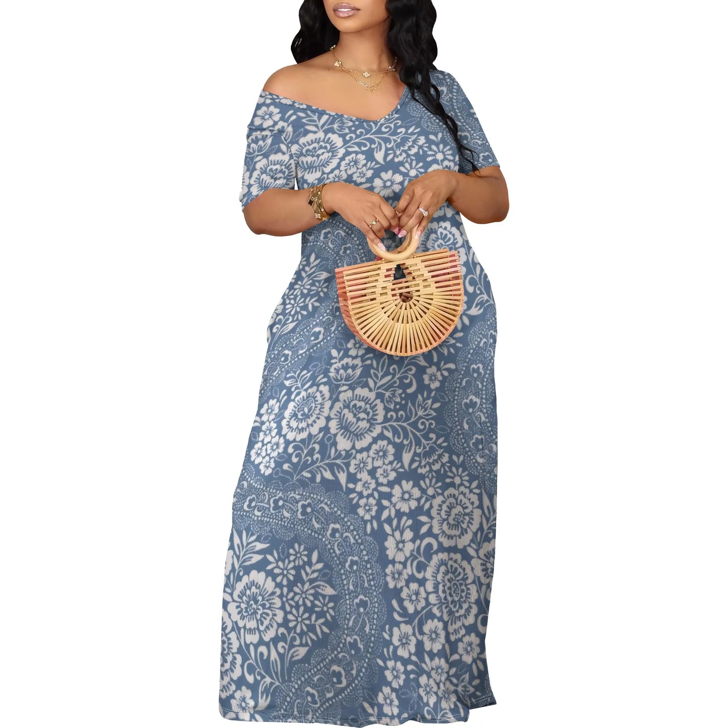 Trendy Off Shoulder Floral Print Maxi Dress Women Summer Look with Side Pockets