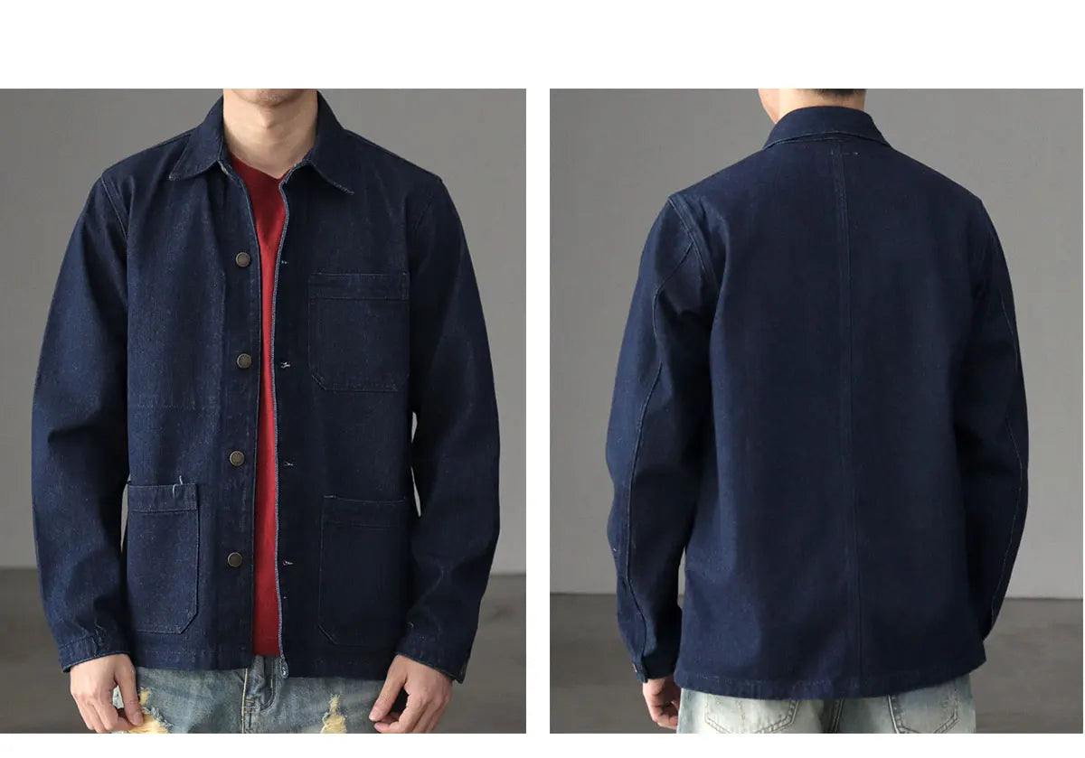 Spring Autumn New American Retro Heavyweight Denim Cargo Jacket Men's Fashion Pure Cotton Washed Multi Pocket Casual Coat