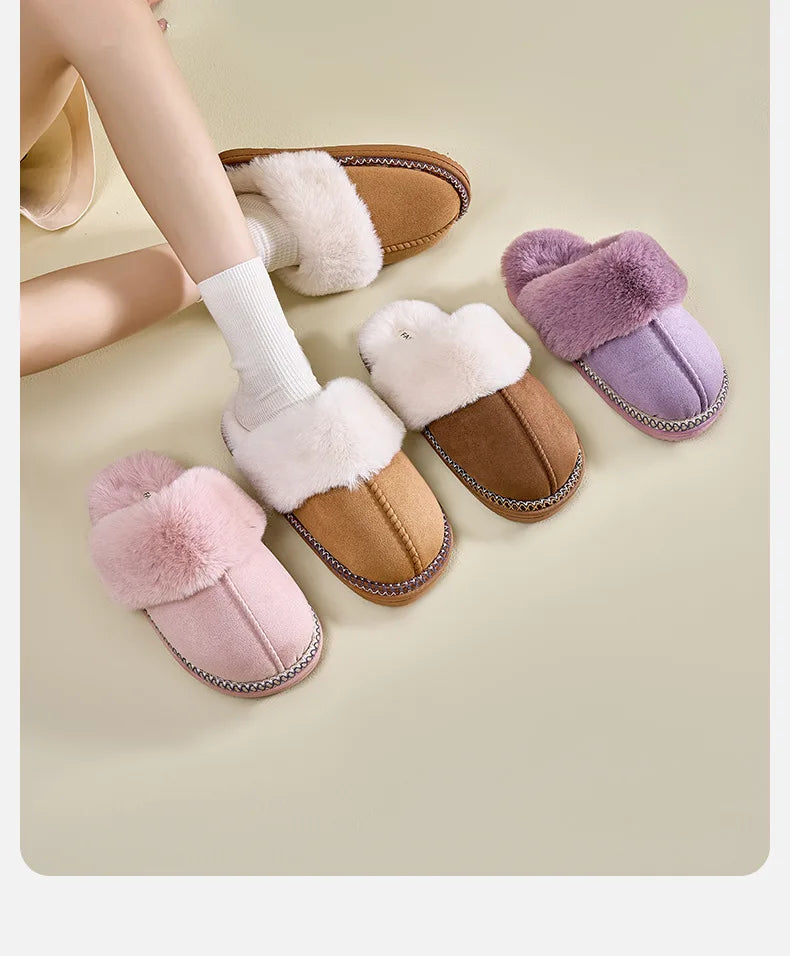 Women's Warm Fuzzy Slippers Winter Fur Collar Indoor Plush Flat Slides Fluffy Ladies' Cotton Shoes Furry House Slippers