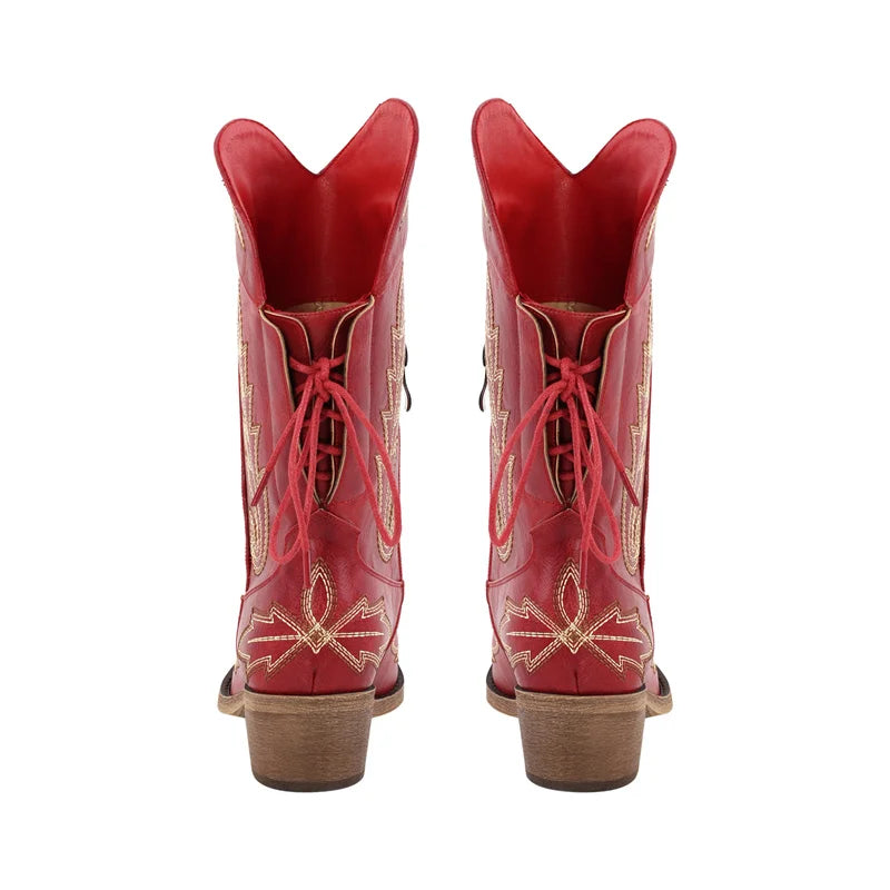 Women Pointed Toe Black Embroidery Western Boots Tapered Heel Round Up Mid-Calf Western Cowgirl Boots