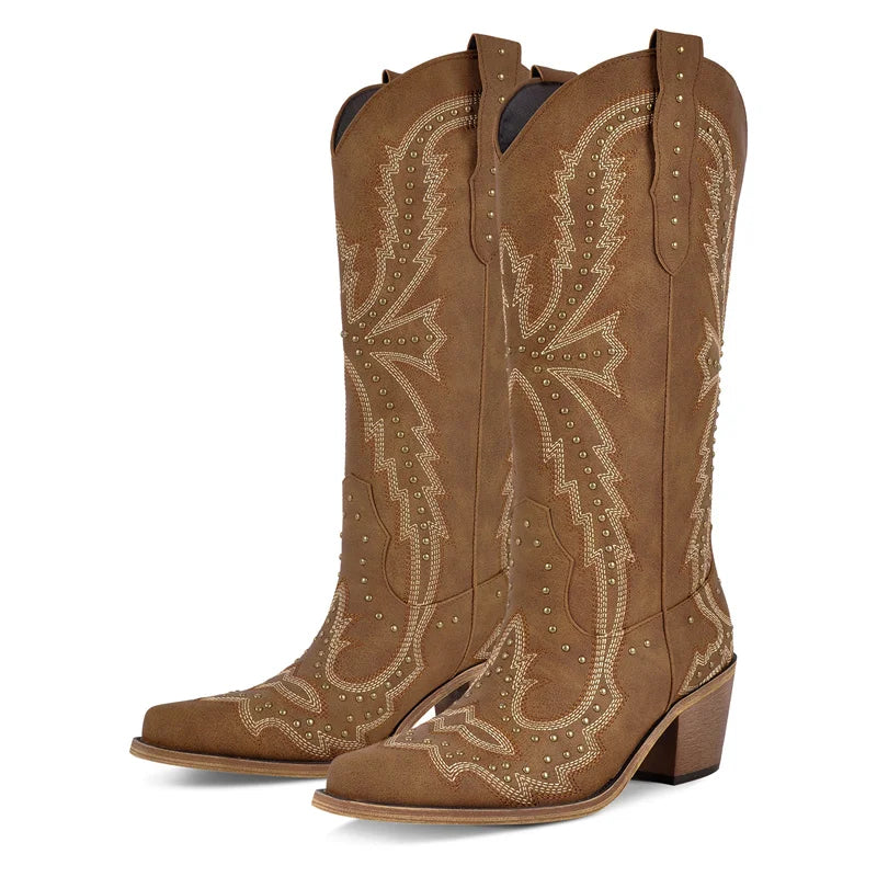 Women Pointed Toe Mid Calf Pull-on Knee High Cowgirl Boots Comfy Chunky Heel Western Boots