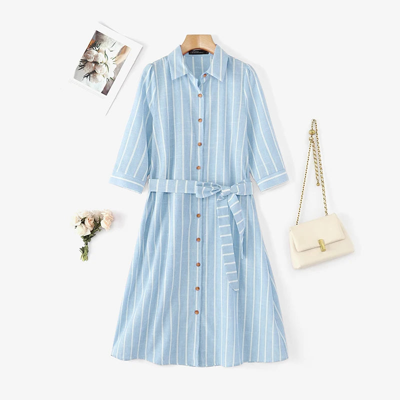 Women Striped Shirt Dress Elegant Lapel Neck 3/4 Sleeve A-line Midi Dresses 2025 Summer Tie-Waist Robes Femme Vestidos