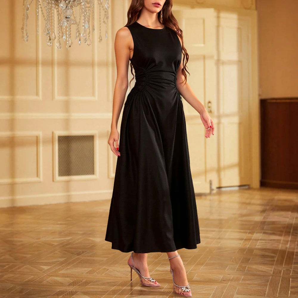 Dresses Spring Summer Fashion Elegant Solid Colour Sleeveless Round-Neck Midi Party Shift Dresses For Women