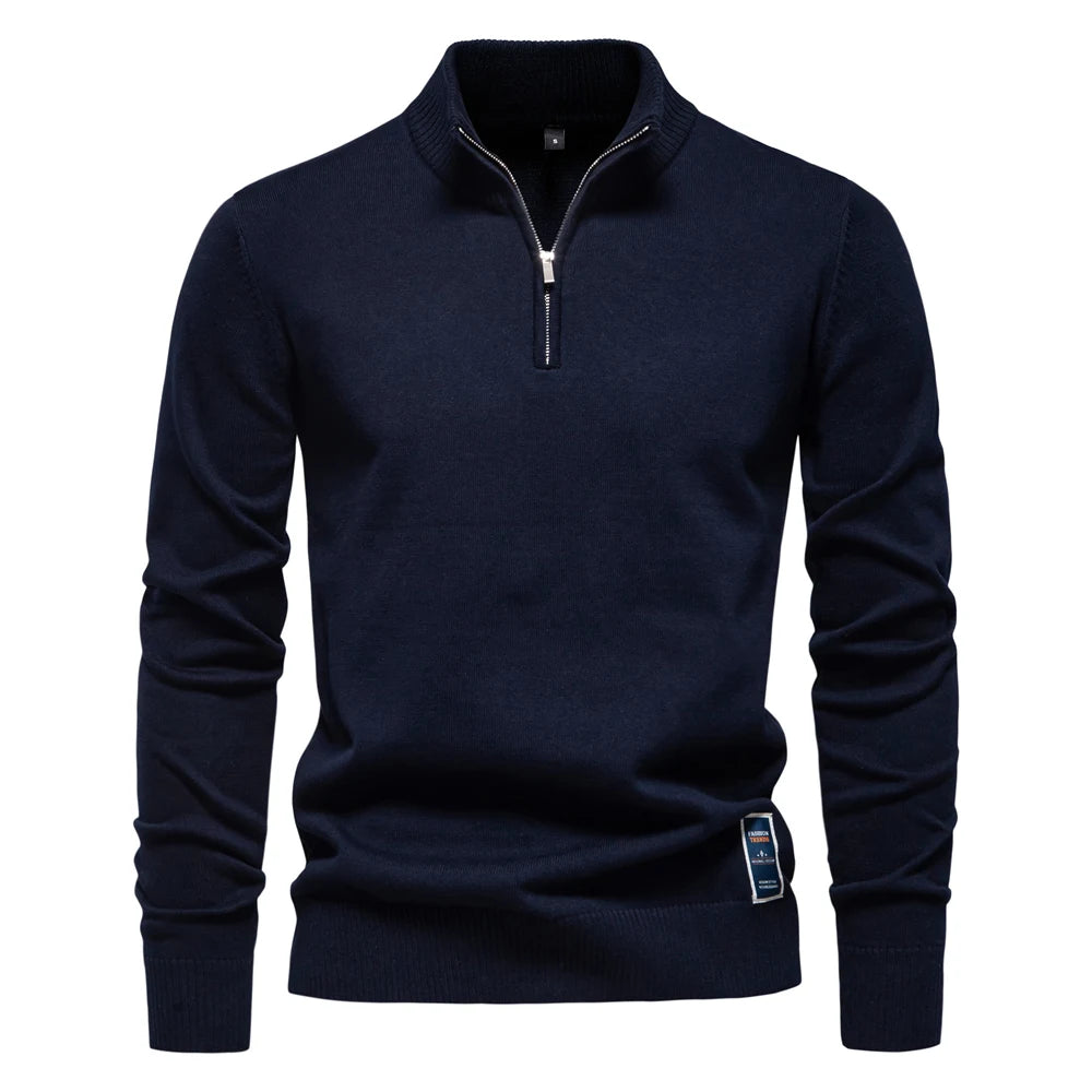 Men's Quarter Zip Cotton Pullover Sweaters Solid Colour Casual Social Knitted Mock Neck Polo Sweaters for Men