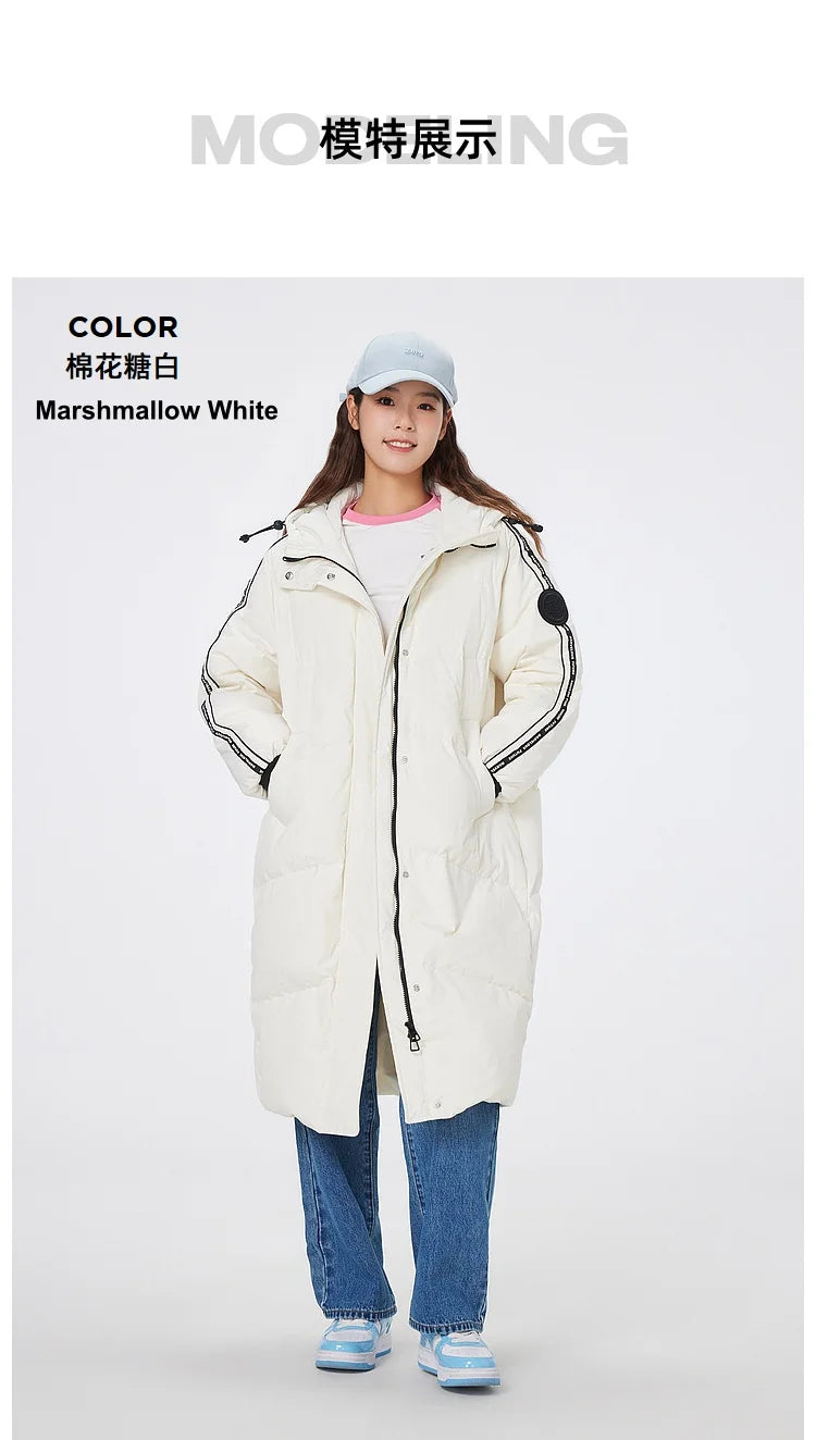 Women's Long Puffer Coat With Striped Webbing, Oversized Straight-Cut Sporty Style, Duck Down Thick Warm Jacket