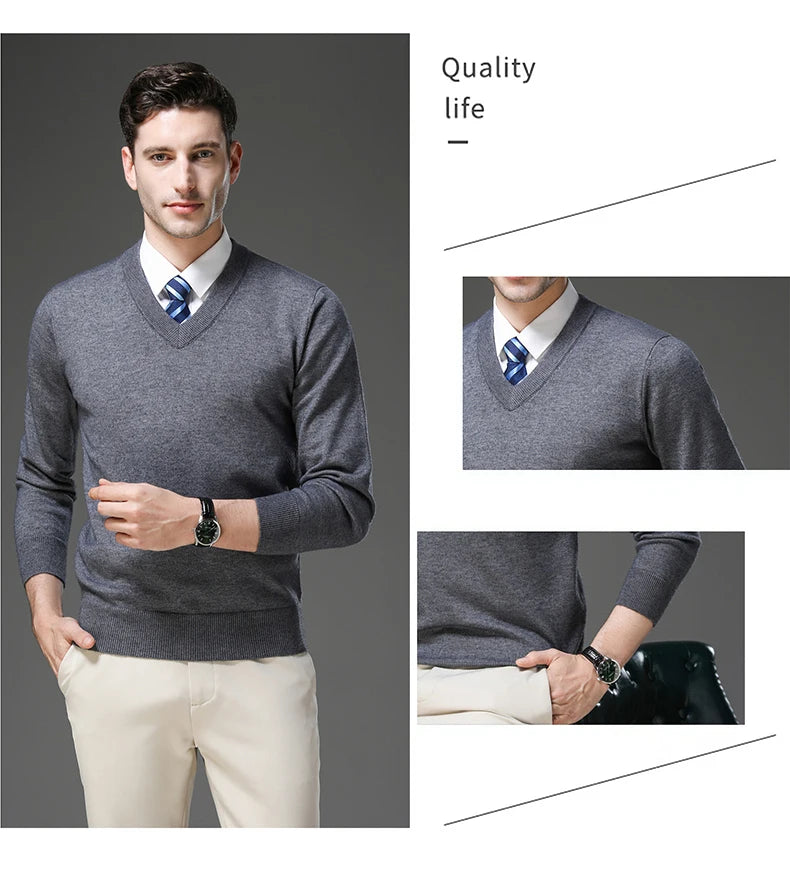 Men's Warm V-Neck Solid Colour Sweater, Autumn & Winter Stretch Top, Daily Leisure Pullover Knitwear, Male Business Casual