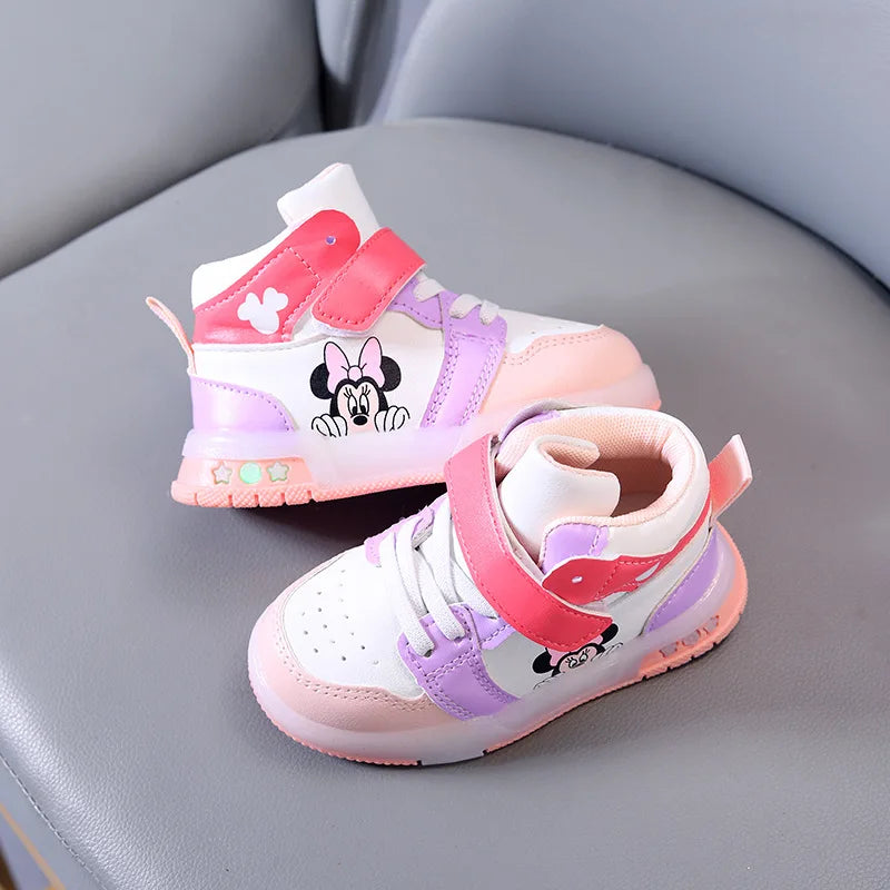 Disney Girls' Casual Sneakers PU Leather Mickey Mouse LED Light-Up Children's Sneakers - 1-6 Years Old Sports Casual Footwears