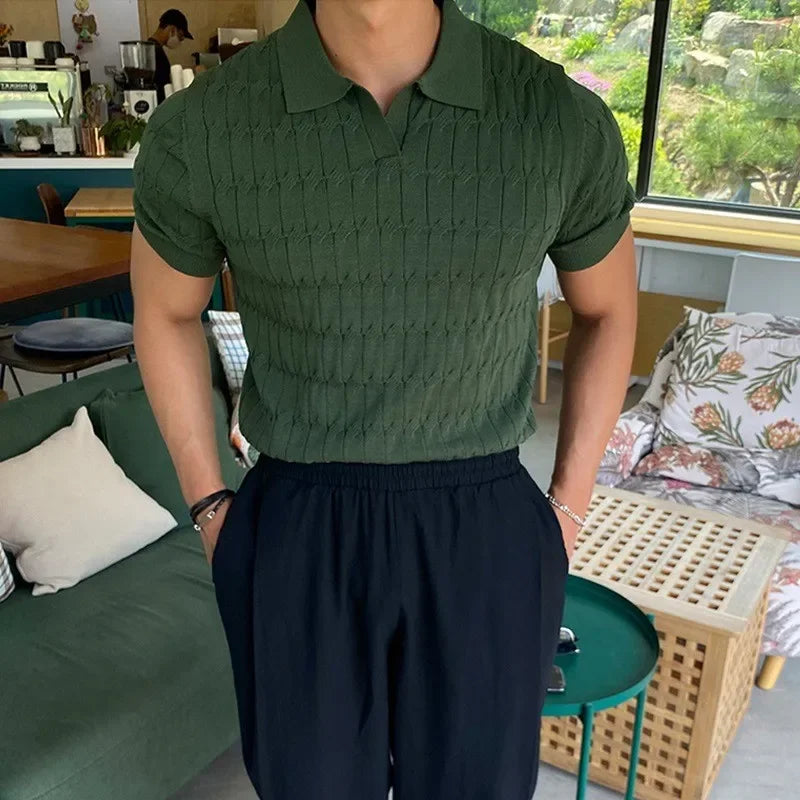 Men's Jacquard Knitted Polo, Casual V-Neck Striped T-shirt, Solid Colour Short Sleeved Lightweight Breathable Luxury Male Clothing