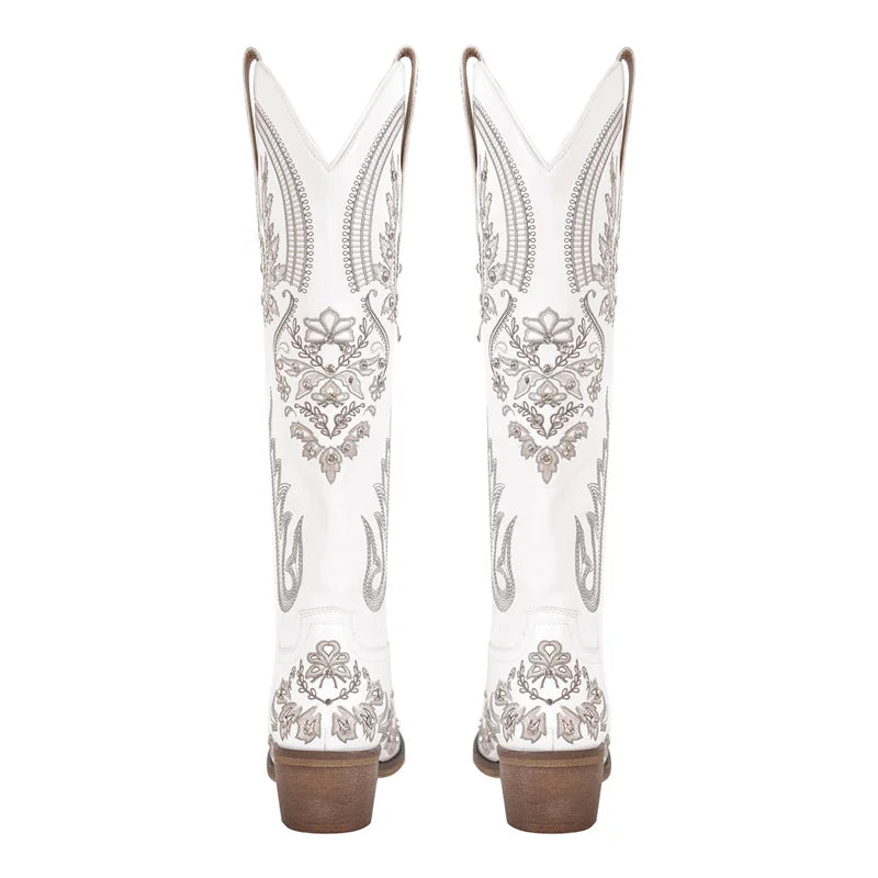 Women Pointed Toe Embroidered White Western Cowboy Boots Block Heel Pull-On Cowgirl Booties