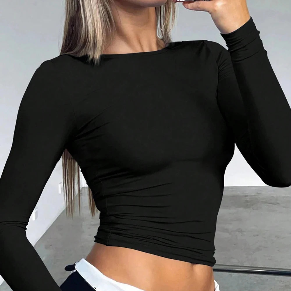 Autumn Winter Women's T shirts Casual Korean Simple Crew Neck Long Sleeve Basic All-match Crop Top
