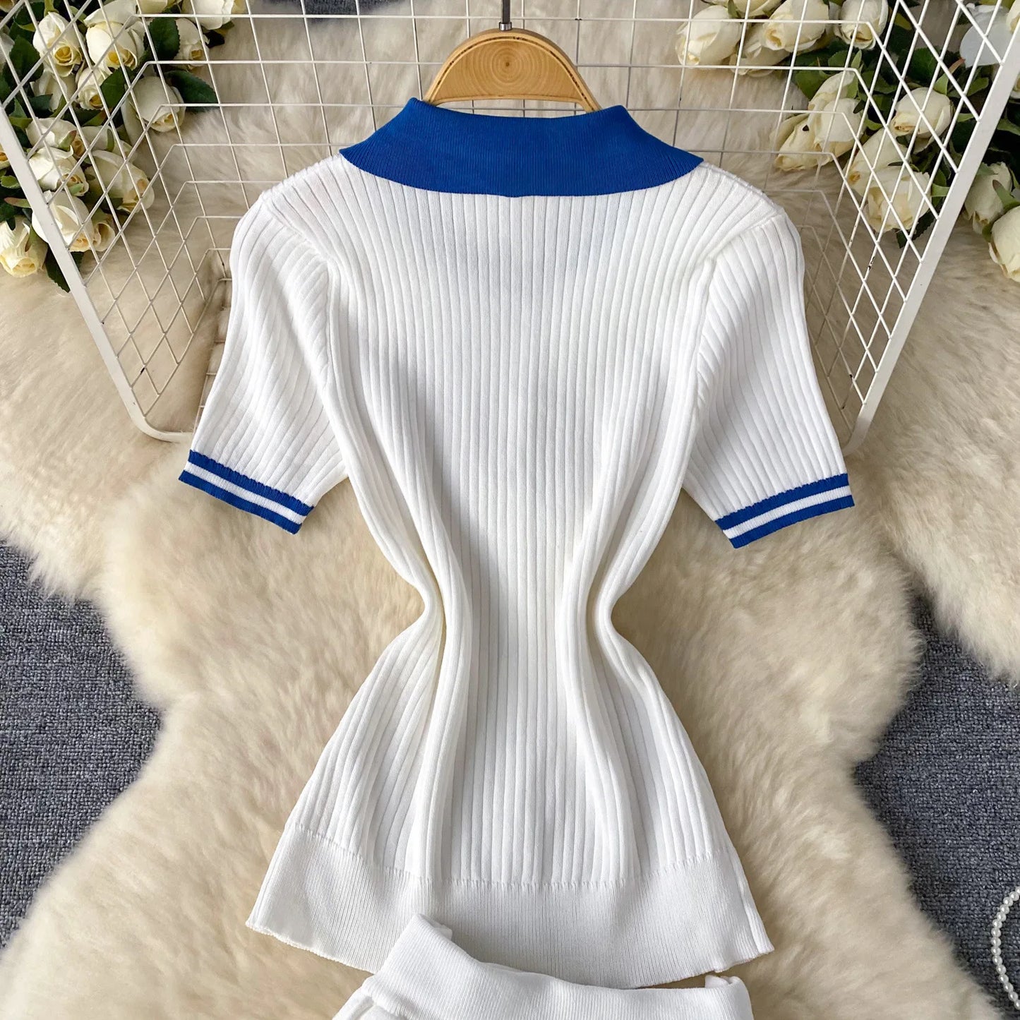Women's Fashion Patchwork 2 Piece Set Polo-Neck Single-Breasted Tops + Ruched Ruffles Mini Skirts Y2K Style Street Outfits