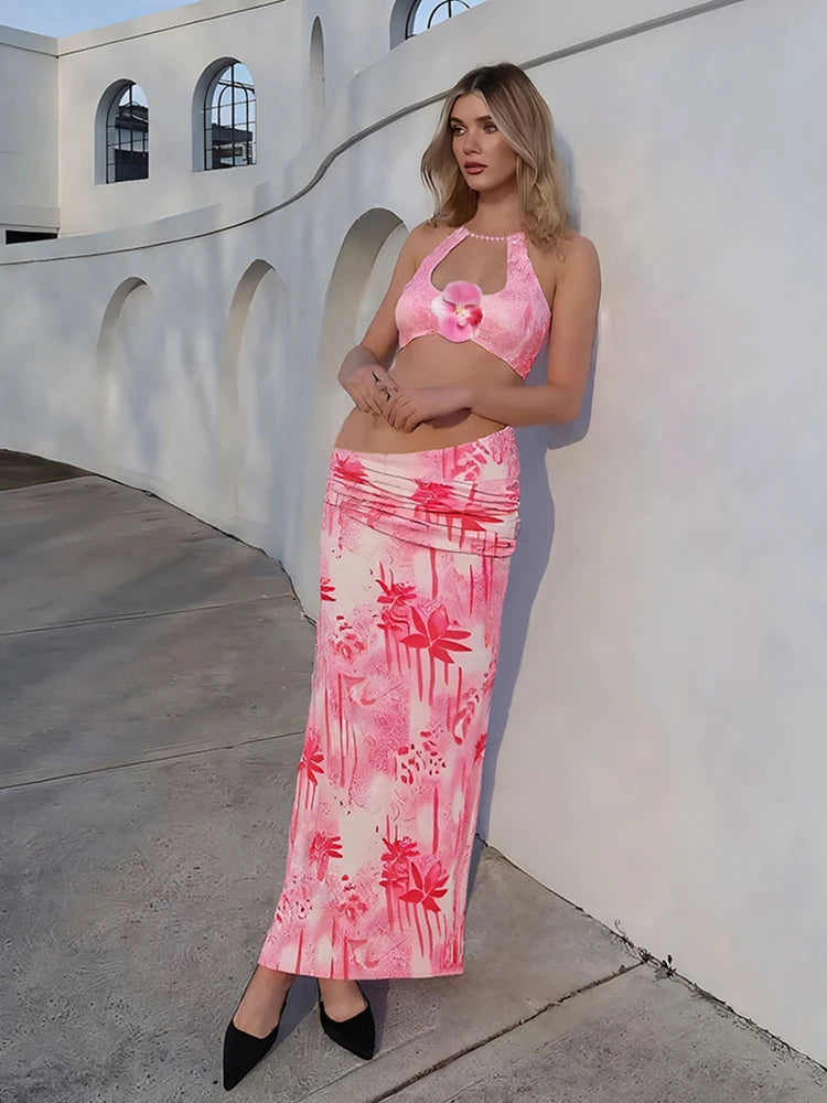 Fashion Patchwork 2 Piece Set Women Pearls Necklace Halter Applique Crop Tops + Skinny Skirts Vacation Beach Style Suit