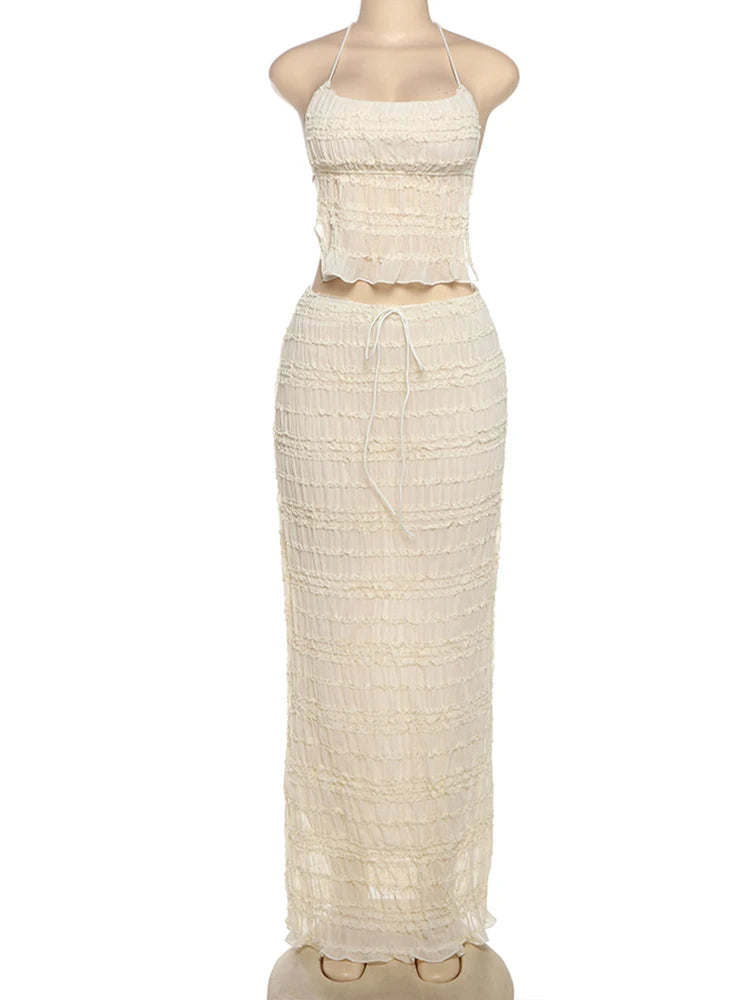 Sexy See-Through 2 Piece Set Women Lace-Up Halter Backless Crop Tops + Ruched Elegant Skirts Vacation Beach Party Suits