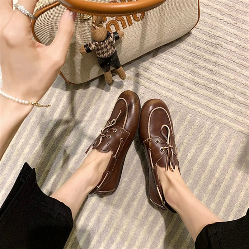 Women Flats Round Toe Butterfly-knot Strap Retro Elegant Slip On Daily Comfort Casual Loafers Flats