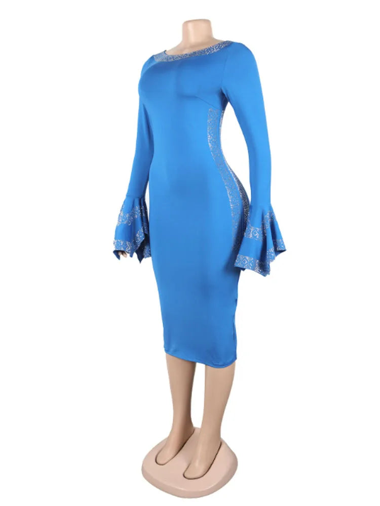 Women's Casual Solid Color V Neck Flare Sleeve Rhinestone Decor Backless Midi Pencil Dress