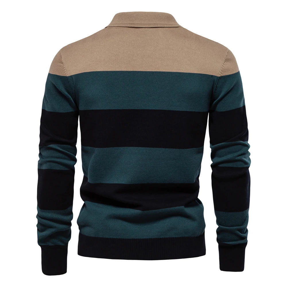 Herren-Pullover mit Streifen aus Baumwolle und Polokragen zum Knöpfen, lässiger Business-Pullover für Herren
