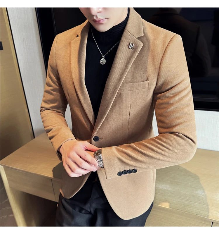 Men's Thickened High-Quality Daily Work Formal Single-Breasted Woollen Coat with Dark Stripe for Autumn and Winter Size S-4XL