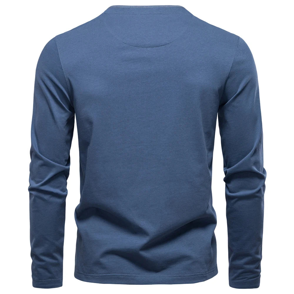 Men's Long Sleeve Fashion High Quality Cotton T-Shirt With Button Collar Basic Male T-Shirt