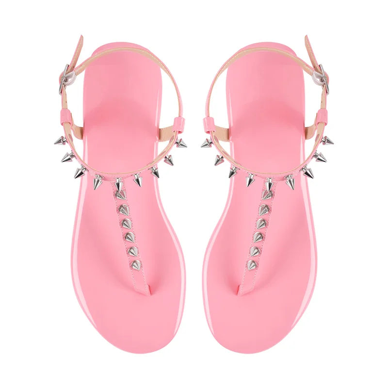 Women Round Toe T-Strap Rivet Flats Sandals Big Size Fashion Summer Sliper