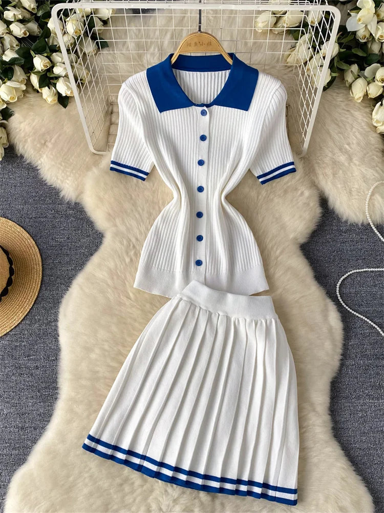Women's Fashion Patchwork 2 Piece Set Polo-Neck Single-Breasted Tops + Ruched Ruffles Mini Skirts Y2K Style Street Outfits