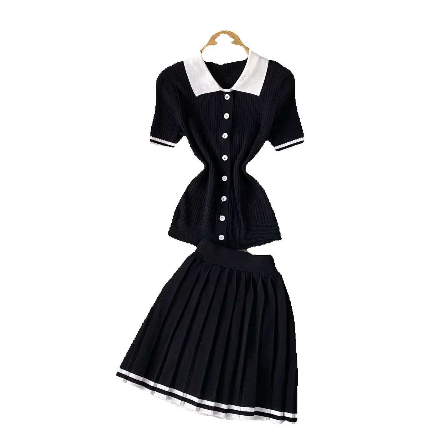 Women's Fashion Patchwork 2 Piece Set Polo-Neck Single-Breasted Tops + Ruched Ruffles Mini Skirts Y2K Style Street Outfits