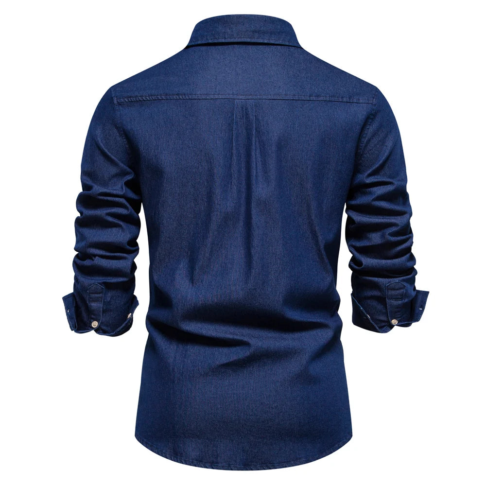 Men's Autumn Cotton Denim Shirt Solid Colour Single Pocket Casual Long Sleeve Jeans Shirt for Men