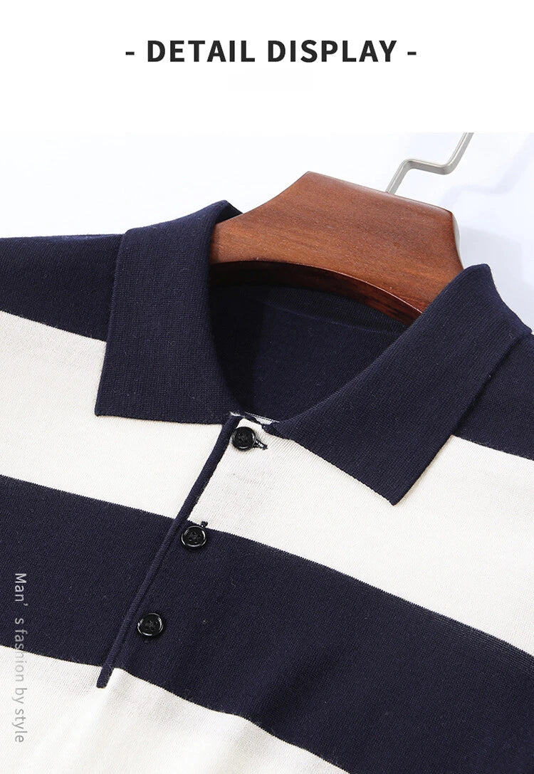 Men's Autumn & Winter 48-Count Worsted Basolan Wool Striped American T-Shirt with Polo Collar – Machine Washable & Loose-Knit