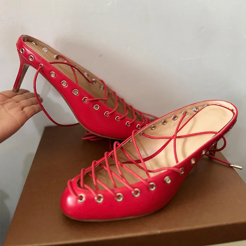 Women White Closed ToeLace Up Mules Kitten Heel Stiletto Summer Sandals Coeset Heels