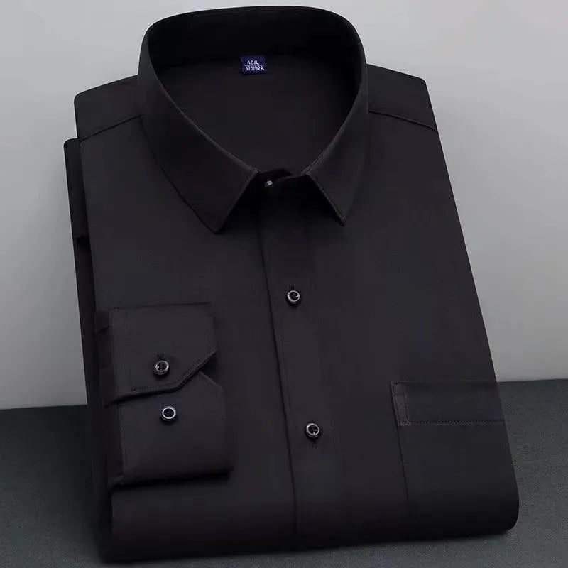 Men's Classic Solid Non-Iron Business Casual Shirt Anti-Wrinkle Soft Wear Long Sleeve Square Collar Tat Fabric Single Breasted