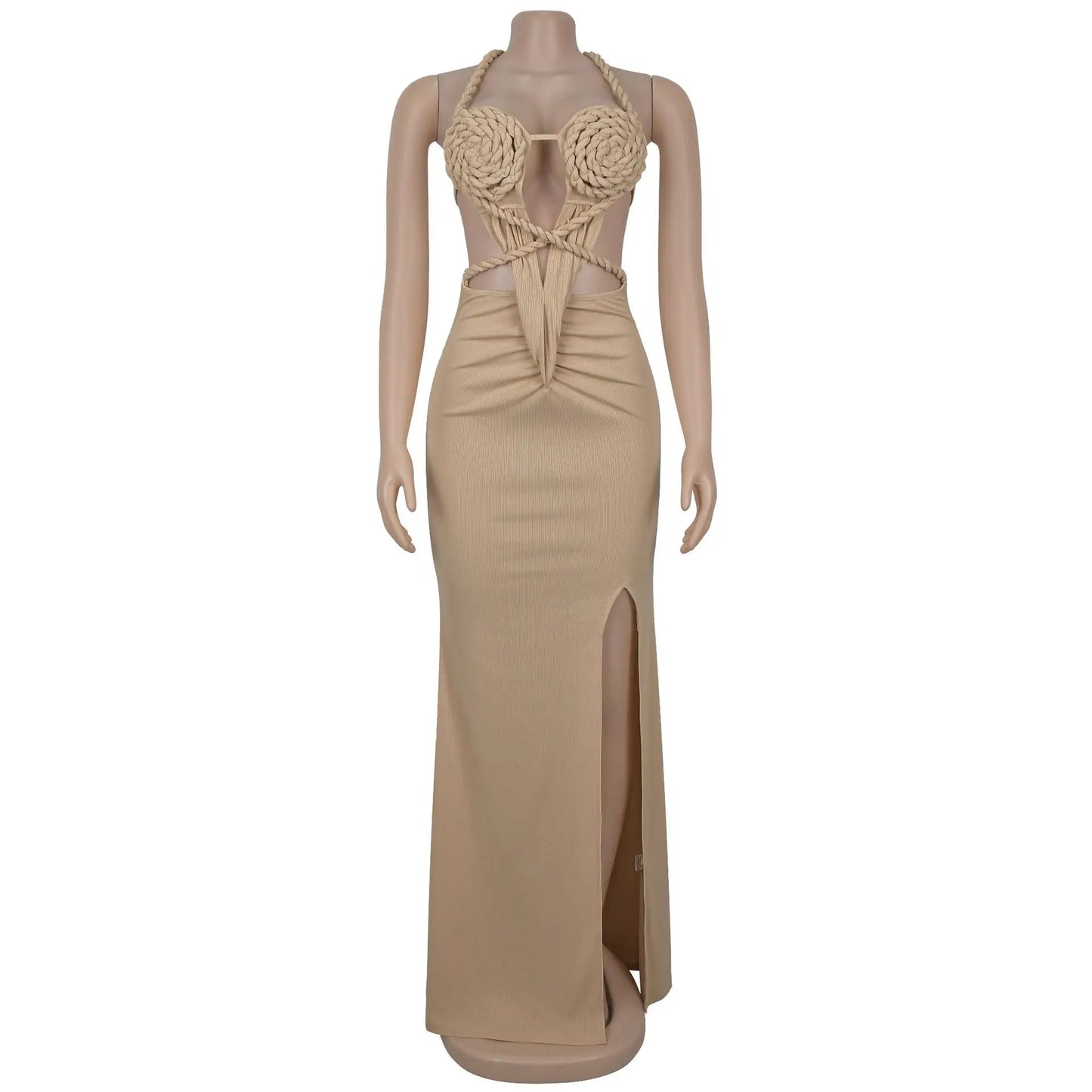 Bohemia Knitted Women Maxi Dress 2025 Summer Halter Lace Up Backless Split Sheath Vestidos Beach Vacation Robe