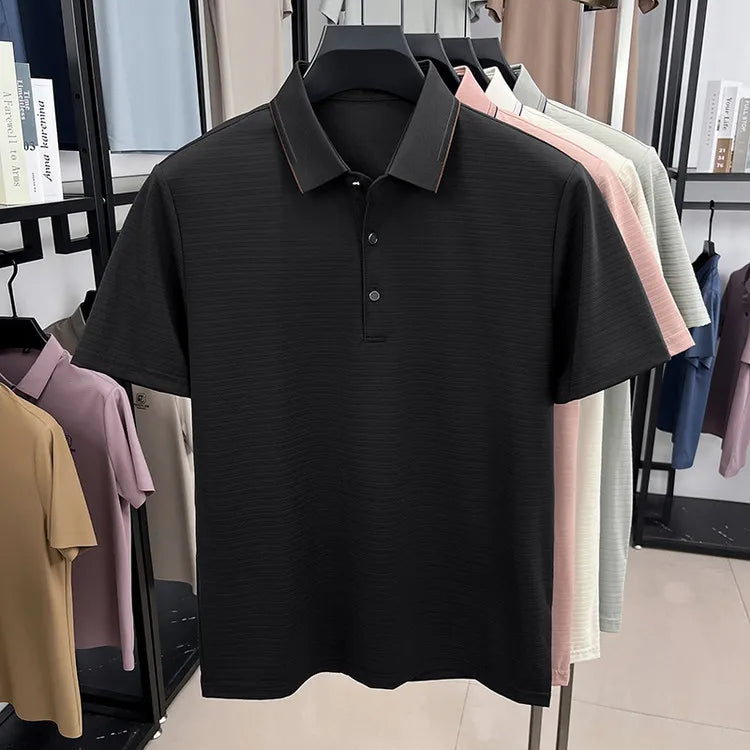 Men's Short-Sleeved T-Shirt, Subtle Striped Texture, Classic Collar Design With Button Details - Soft and Breathable Fabric Polo