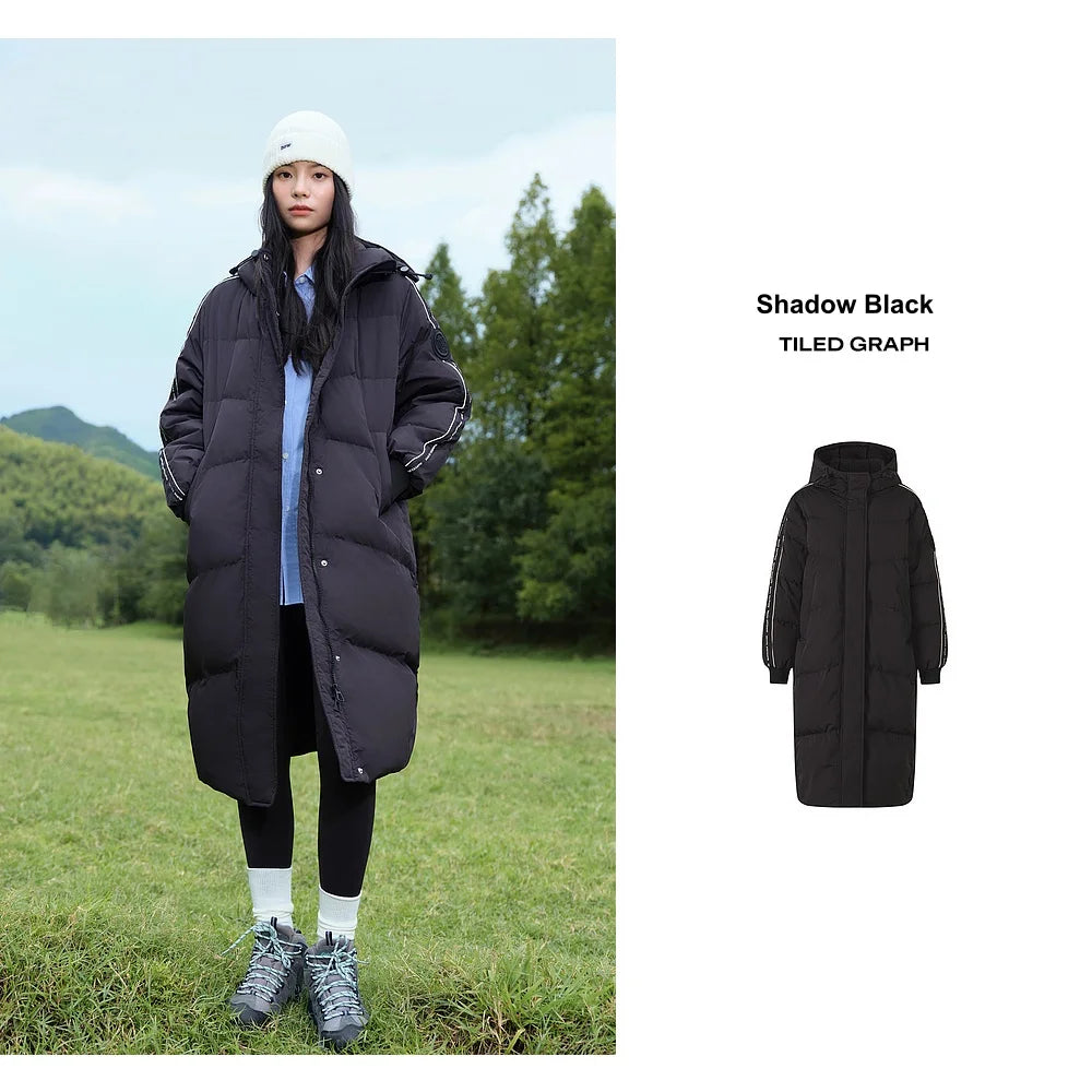 Women's Long Puffer Coat With Striped Webbing, Oversized Straight-Cut Sporty Style, Duck Down Thick Warm Jacket
