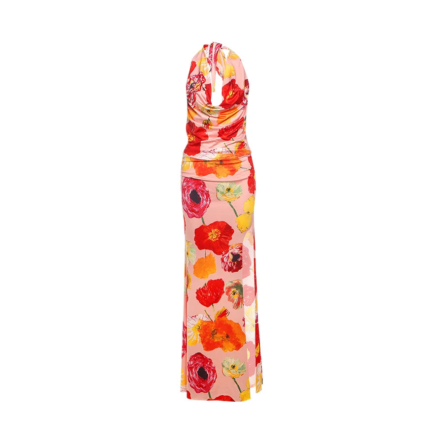 Floral Print 2 Piece Set Women Halter Low-Neck Backless Crop Tops + Skinny Splits Long Skirts Vacation Beach Style Suit