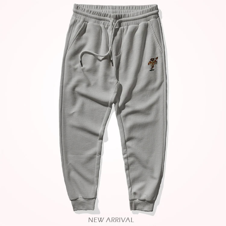 Autumn American Simple Waffle Embroidery Sweatpants Men's Fashion Pure Cotton Loose Elastic Waist Drawstring Sport Casual Pants
