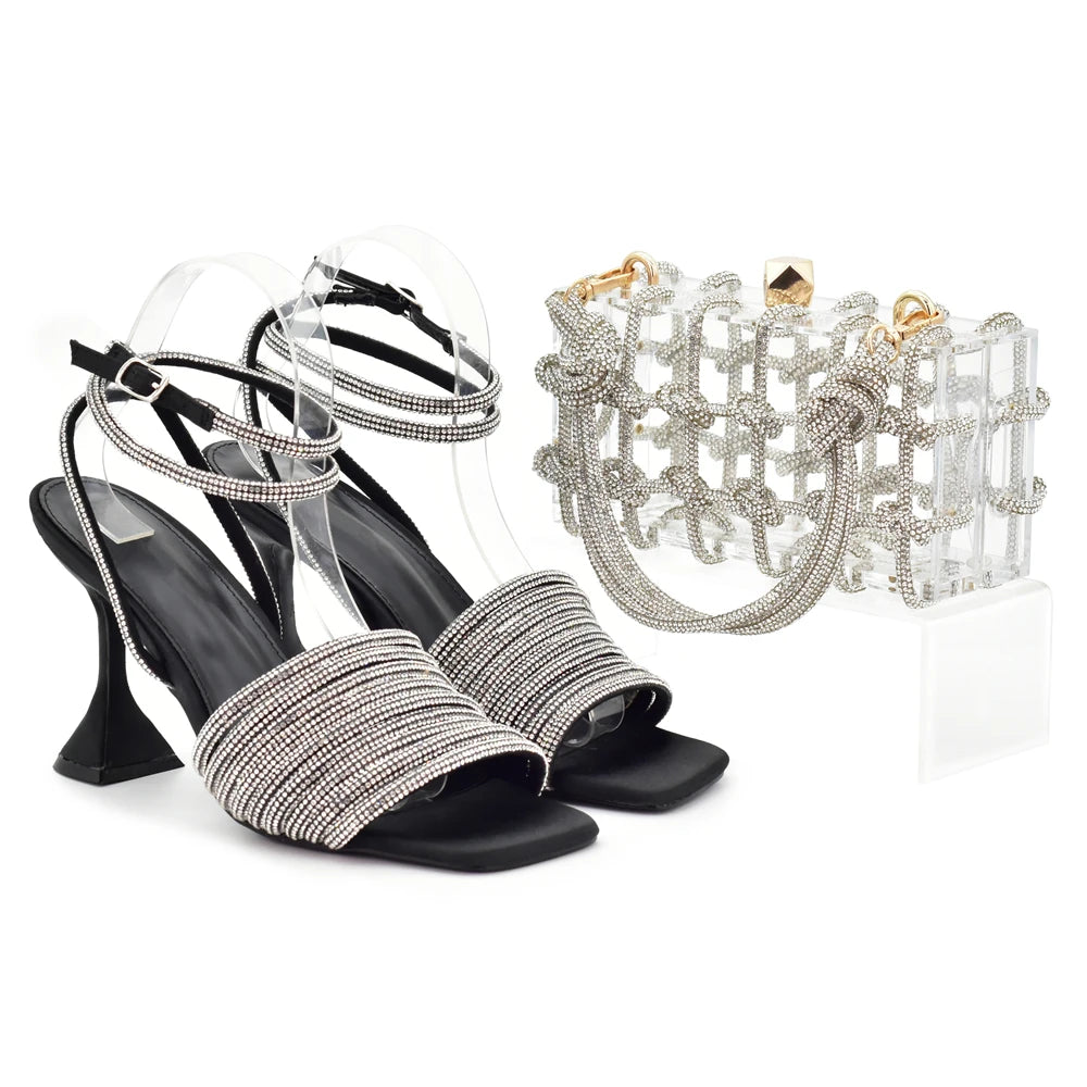 African Shoe and Matching Bag Set Decorated with Rhinestone High Heels for Women