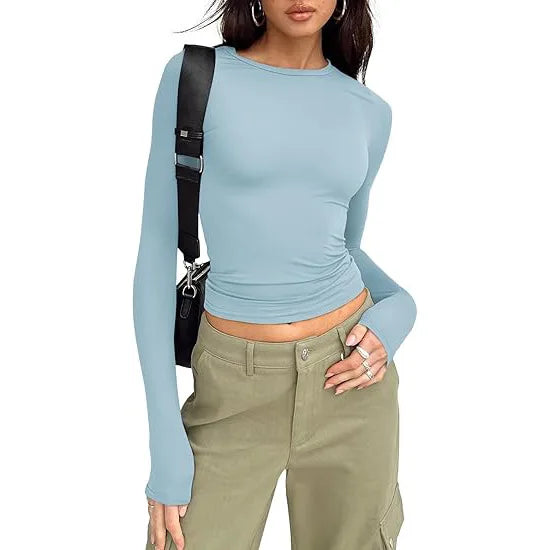 Fashion Senior Women's Long Sleeve Crew Neck Solid Slim Fit T-shirt Crop Top Ladies Daily Streetwear Casual Tee