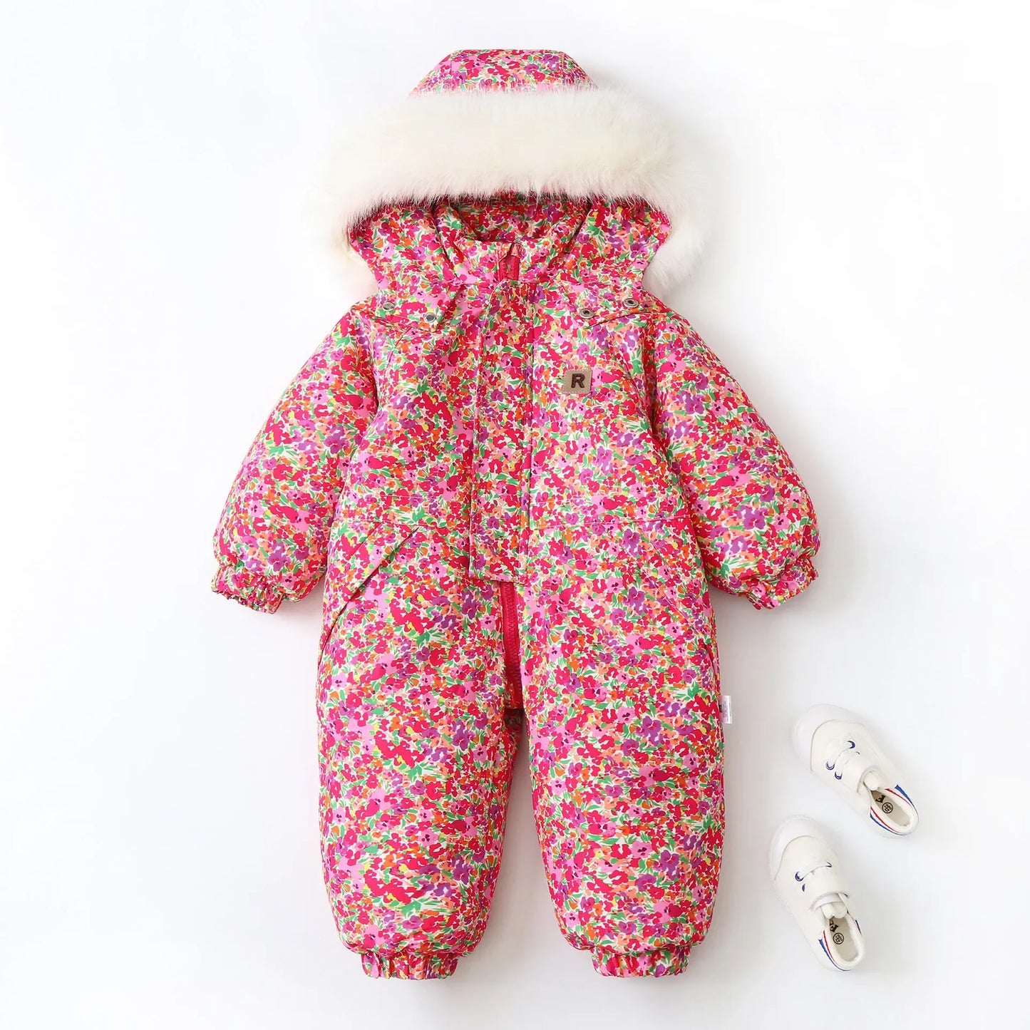 Unisex Children's Snowboard Winter Warm Clothing Snow Suit Floral Printed Fur Lining Hooded Snowboard Coats For Kids