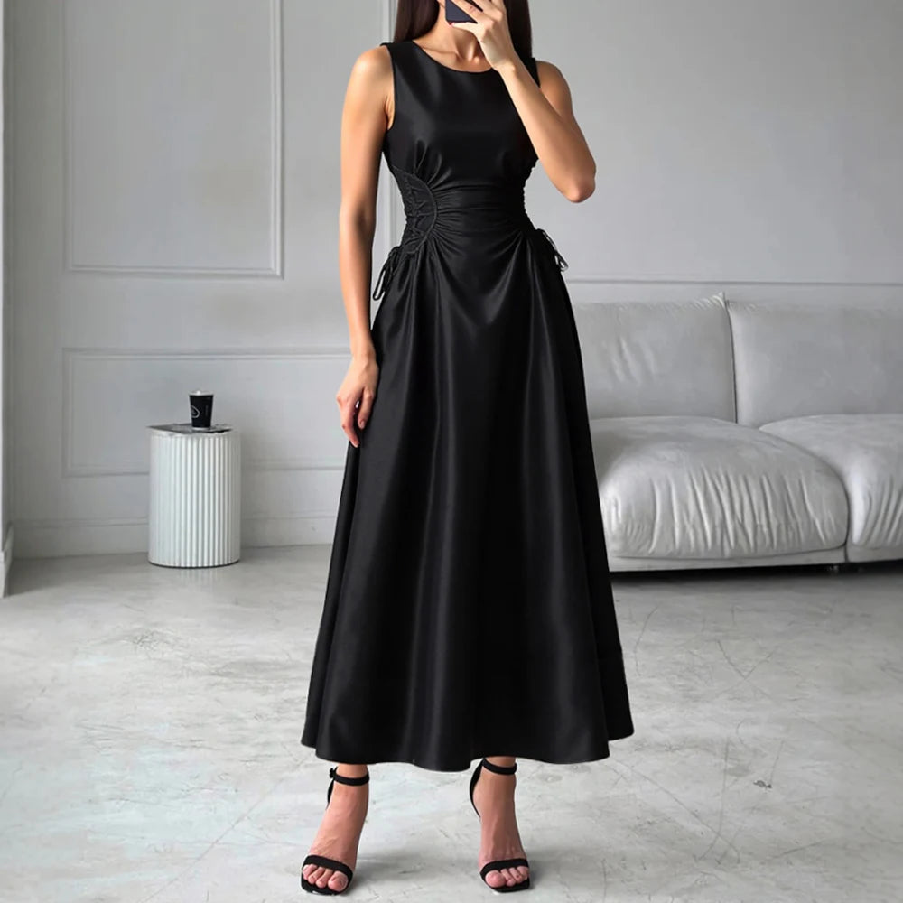 Dresses Spring Summer Fashion Elegant Solid Colour Sleeveless Round-Neck Midi Party Shift Dresses For Women