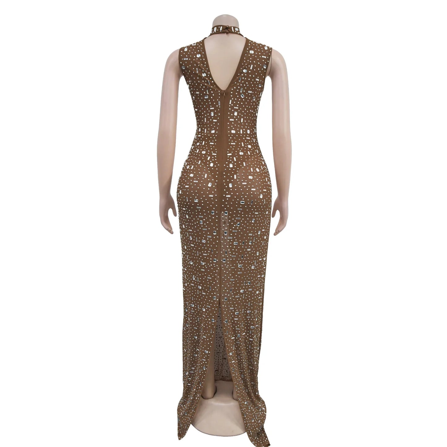 Women's Sexy See Through Sheer Mesh Halter Sleeveless Rhinestone Decor Floor-length Party Dress