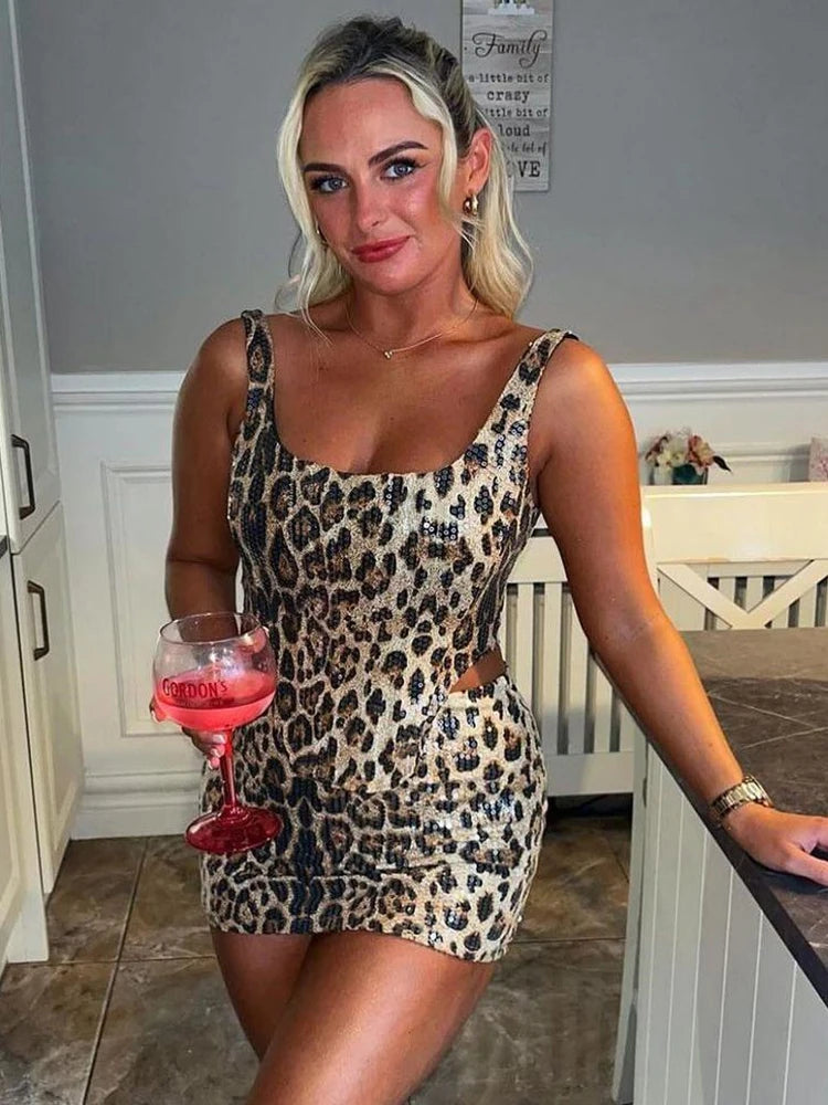 Leopard Sequin 2 Piece Set Women 2025 Summer Trend Backless Crop Top + Skinny Mini Skirt Matching Street Sexy Wild Suit For Women