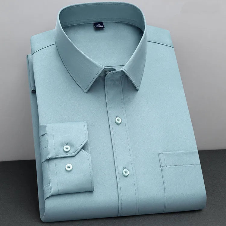 Men's Classic Solid Non-Iron Business Casual Shirt Anti-Wrinkle Soft Wear Long Sleeve Square Collar Tat Fabric Single Breasted