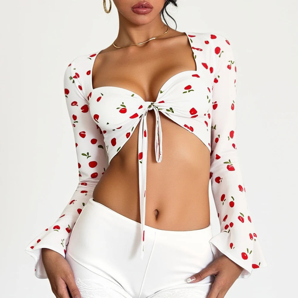 Women's T-shirts Summer Comfortable Elegant 2025 Cherry Print Sexy Long Sleeve Sweetheart Neck Sweet Dating T-shirts