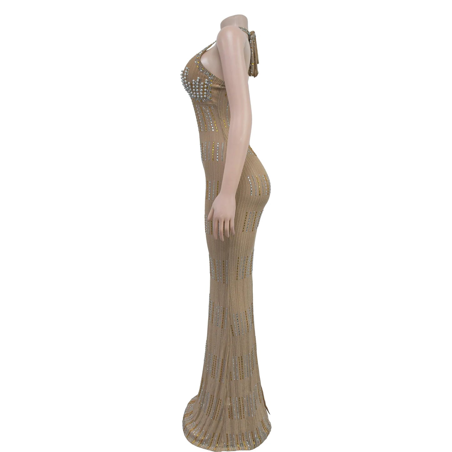 Women's Sexy Halter Sleeveless Backless Embroidered Flares Rhinestone Decor Floor-length Party Dress