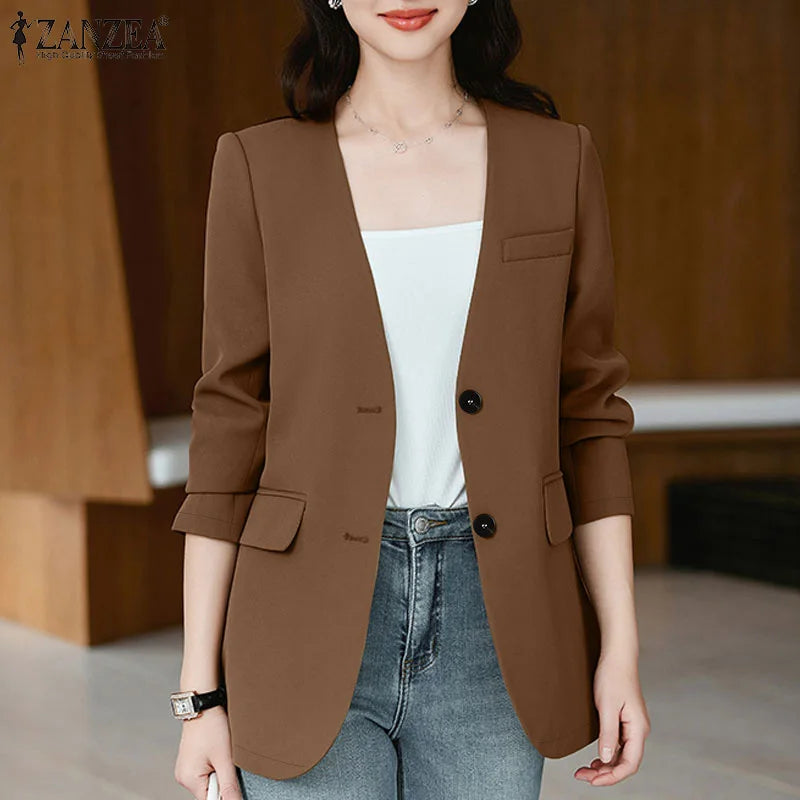 Elegant Solid Suit Jackets Long Sleeve Button Up Autumn 2024 V Neck Outwear Tops Office Lady Women Commute Fashion Blazer