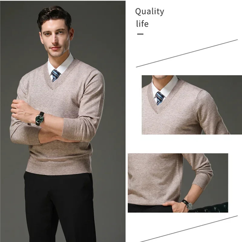 Men's Warm V-Neck Solid Colour Sweater, Autumn & Winter Stretch Top, Daily Leisure Pullover Knitwear, Male Business Casual