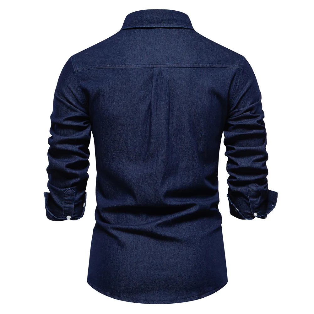 Men's Autumn Cotton Denim Shirt Solid Colour Single Pocket Casual Long Sleeve Jeans Shirt for Men