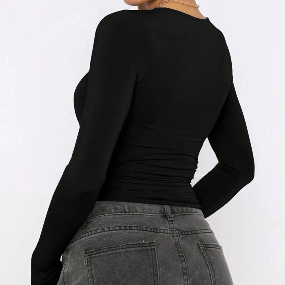 Autumn Winter Women's T shirts Casual Korean Simple Crew Neck Long Sleeve Basic All-match Crop Top