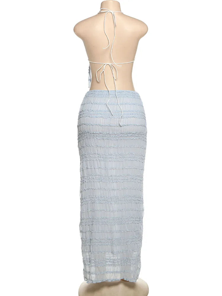 Sexy See-Through 2 Piece Set Women Lace-Up Halter Backless Crop Tops + Ruched Elegant Skirts Vacation Beach Party Suits
