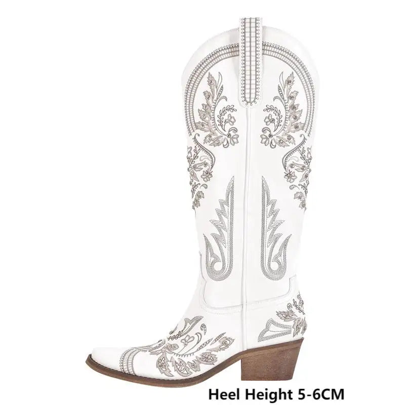 Women Pointed Toe Embroidered White Western Cowboy Boots Block Heel Pull-On Cowgirl Booties